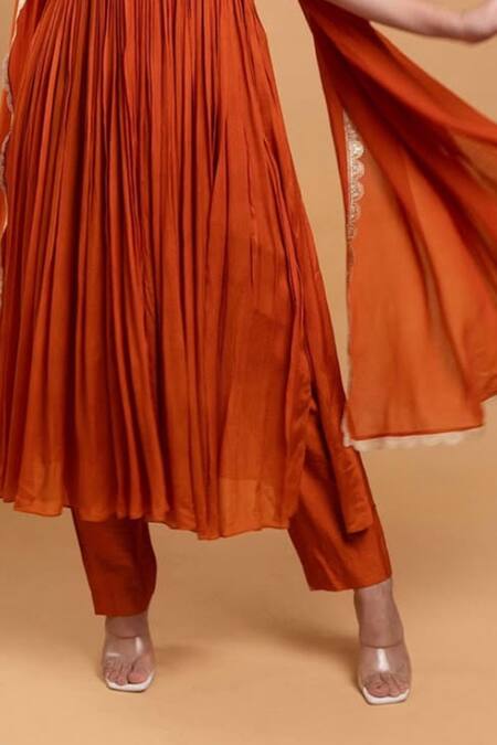 Buy_Dajwaree_Orange Crepe, Georgette, Silk Embroidery V-neck Rust Anarkali Suit Set _Online_at_Aza_Fashions