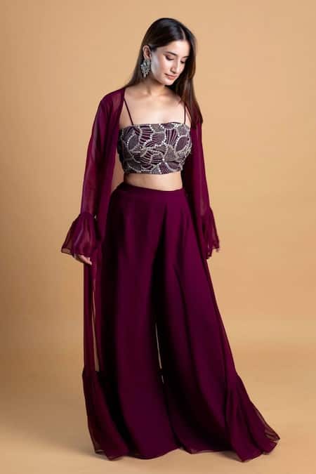 Dajwaree_Wine Georgette Mirrors, Embroidery Open Neck Cape Set _Online_at_Aza_Fashions