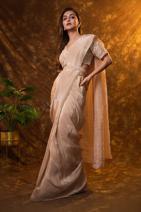 Buy_Dajwaree_Rose Gold Net, Tissue Embroidery, Sequins V-neck Pre Draped Saree Set _Online_at_Aza_Fashions