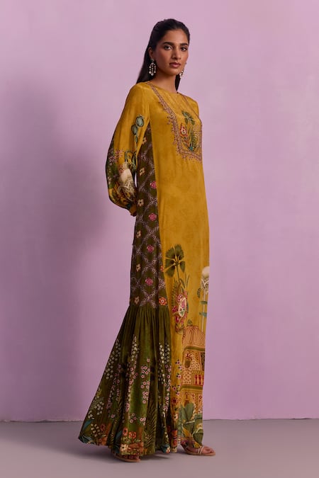 Kalista_Mustard Viscose, Crepe Embroidery Round Naisa Jalabiya Yellow Floral Maxi Dress _Online_at_Aza_Fashions