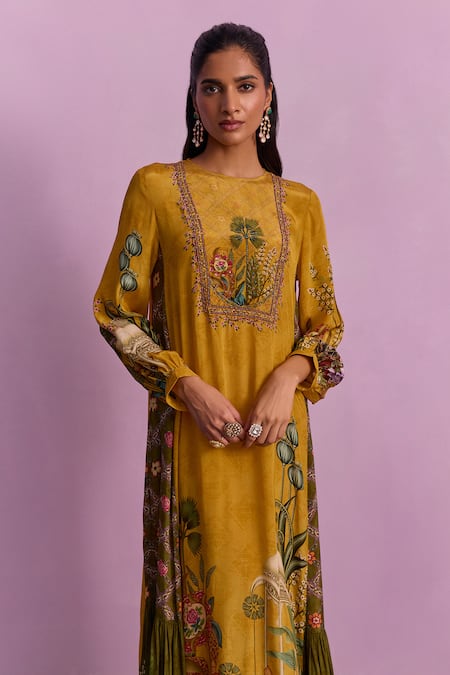 Shop_Kalista_Mustard Viscose, Crepe Embroidery Round Naisa Jalabiya Yellow Floral Maxi Dress _Online_at_Aza_Fashions