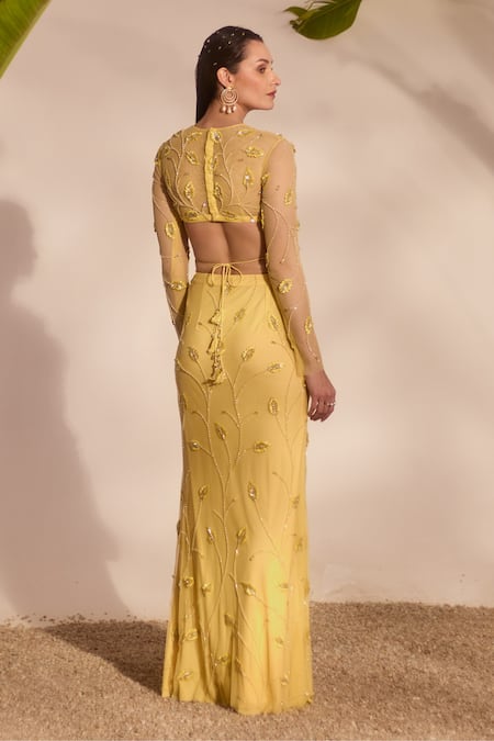 Shop_Silky Bindra_Yellow Net, Lycra Sequins, Embroidery Round Neck Zelena Skirt And Blouse Set _at_Aza_Fashions