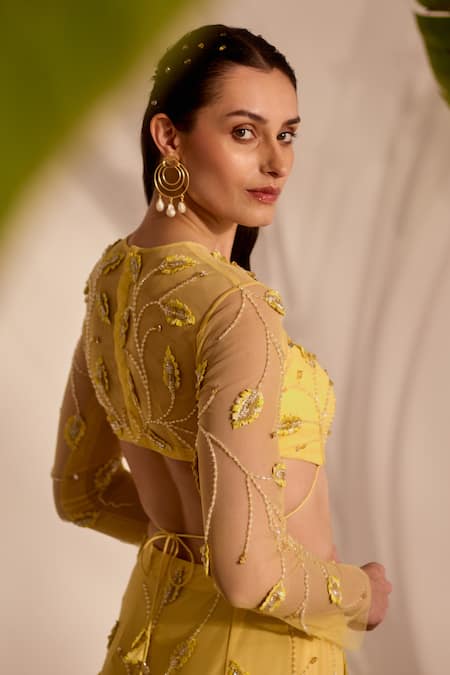 Silky Bindra_Yellow Net, Lycra Sequins, Embroidery Round Neck Zelena Skirt And Blouse Set _Online_at_Aza_Fashions