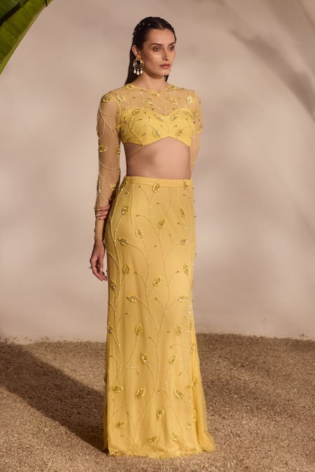 Buy_Silky Bindra_Yellow Net, Lycra Sequins, Embroidery Round Neck Zelena Skirt And Blouse Set _Online_at_Aza_Fashions