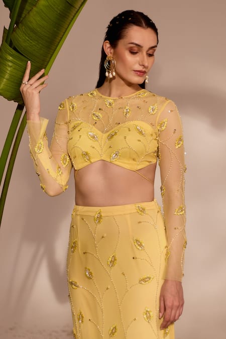 Shop_Silky Bindra_Yellow Net, Lycra Sequins, Embroidery Round Neck Zelena Skirt And Blouse Set _Online_at_Aza_Fashions