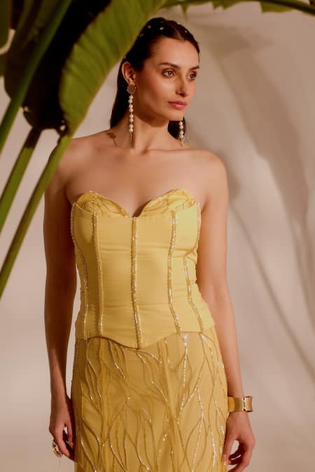Silky Bindra_Yellow Organza, Lycra, Net Sequins Sweetheart Neck Lani Corset And Skirt Set _Online_at_Aza_Fashions