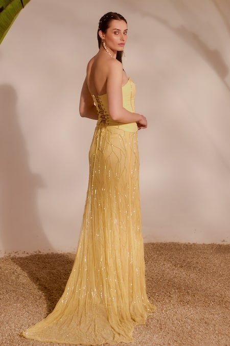 Buy_Silky Bindra_Yellow Organza, Lycra, Net Sequins Sweetheart Neck Lani Corset And Skirt Set _Online_at_Aza_Fashions