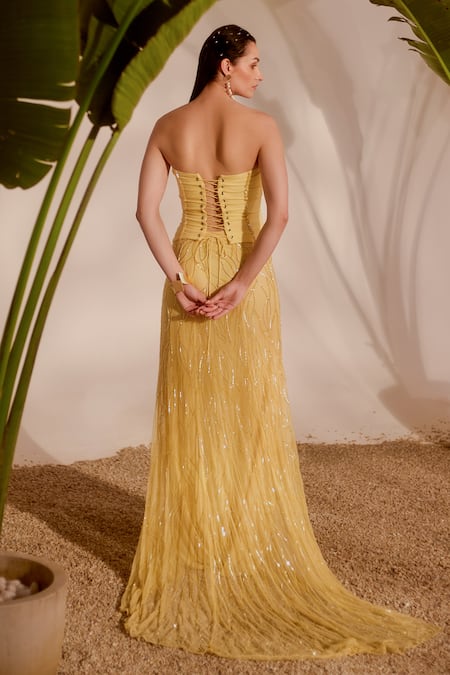 Shop_Silky Bindra_Yellow Organza, Lycra, Net Sequins Sweetheart Neck Lani Corset And Skirt Set _at_Aza_Fashions