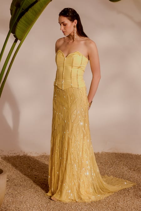Shop_Silky Bindra_Yellow Organza, Lycra, Net Sequins Sweetheart Neck Lani Corset And Skirt Set _Online_at_Aza_Fashions