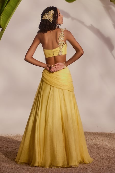 Shop_Silky Bindra_Yellow Organza, Chiffon Sequins, Embroidery Asymmetric Blossom Lehenga Set _at_Aza_Fashions
