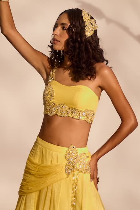 Silky Bindra_Yellow Organza, Chiffon Sequins, Embroidery Asymmetric Blossom Lehenga Set _Online_at_Aza_Fashions