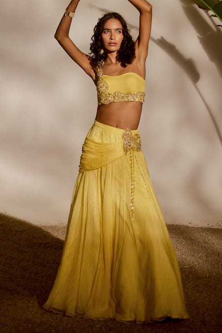 Buy_Silky Bindra_Yellow Organza, Chiffon Sequins, Embroidery Asymmetric Blossom Lehenga Set _Online_at_Aza_Fashions
