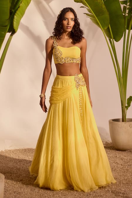 Shop_Silky Bindra_Yellow Organza, Chiffon Sequins, Embroidery Asymmetric Blossom Lehenga Set _Online_at_Aza_Fashions