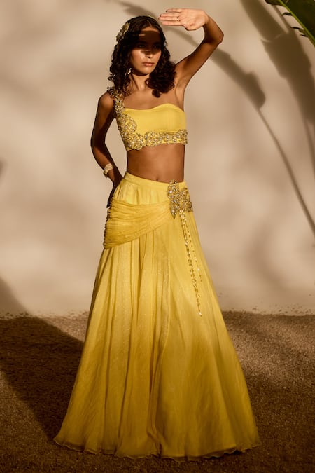 Silky Bindra_Yellow Organza, Chiffon Sequins, Embroidery Asymmetric Blossom Lehenga Set _at_Aza_Fashions