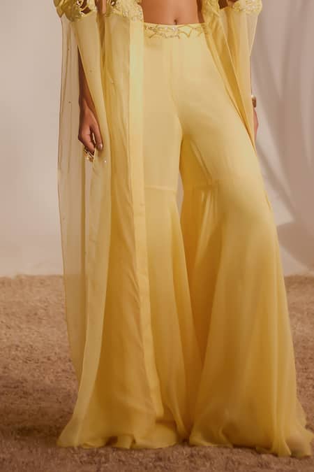 Silky Bindra_Yellow Organza Sequins, Embroidery Sweetheart Neck Solana Cape And Sharara Set _Online_at_Aza_Fashions
