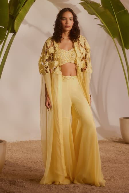 Buy_Silky Bindra_Yellow Organza Sequins, Embroidery Sweetheart Neck Solana Cape And Sharara Set _Online_at_Aza_Fashions