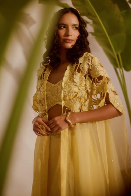 Shop_Silky Bindra_Yellow Organza Sequins, Embroidery Sweetheart Neck Solana Cape And Sharara Set _Online_at_Aza_Fashions
