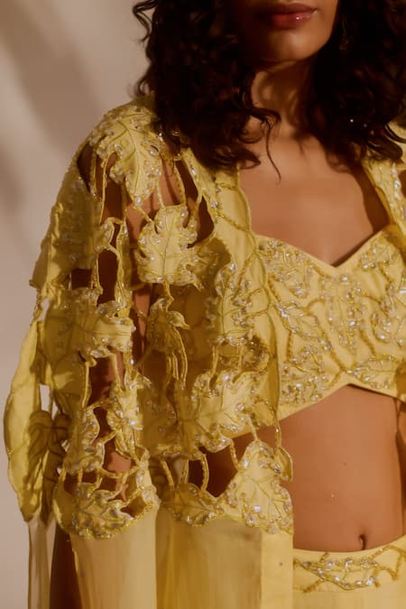 Silky Bindra_Yellow Organza Sequins, Embroidery Sweetheart Neck Solana Cape And Sharara Set _at_Aza_Fashions