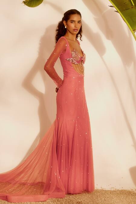 Silky Bindra_Pink Net, Lycra Sequins Plunge Neck Lovebirds Godet Gown  _Online_at_Aza_Fashions
