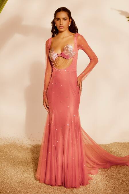 Buy_Silky Bindra_Pink Net, Lycra Sequins Plunge Neck Lovebirds Godet Gown  _Online_at_Aza_Fashions