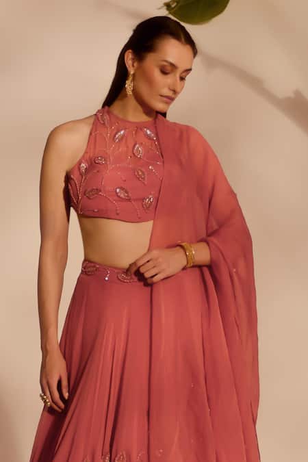 Silky Bindra_Pink Organza Sequins, Embroidery Halter Neck Nia Drape Lehenga Set _Online_at_Aza_Fashions