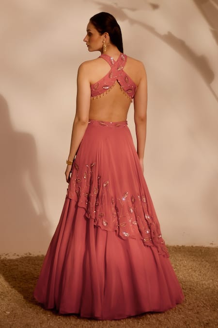 Shop_Silky Bindra_Pink Organza Sequins, Embroidery Halter Neck Nia Drape Lehenga Set _at_Aza_Fashions