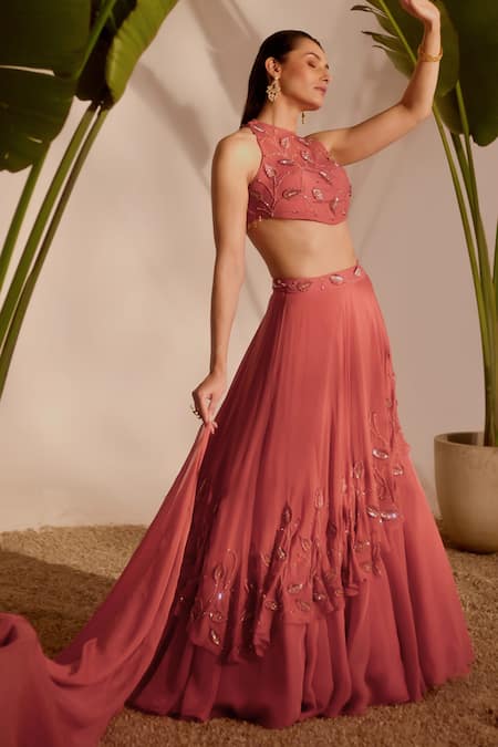 Shop_Silky Bindra_Pink Organza Sequins, Embroidery Halter Neck Nia Drape Lehenga Set _Online_at_Aza_Fashions