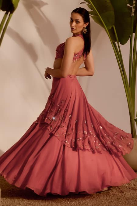 Silky Bindra_Pink Organza Sequins, Embroidery Halter Neck Nia Drape Lehenga Set _at_Aza_Fashions