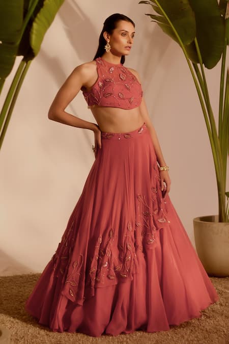 Buy_Silky Bindra_Pink Organza Sequins, Embroidery Halter Neck Nia Drape Lehenga Set 