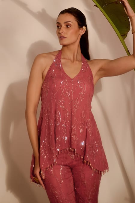 Silky Bindra_Pink Organza Sequins Halter Neck Dusty Peplum Kurta And Sharara Set _Online_at_Aza_Fashions