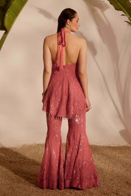 Shop_Silky Bindra_Pink Organza Sequins Halter Neck Dusty Peplum Kurta And Sharara Set _at_Aza_Fashions