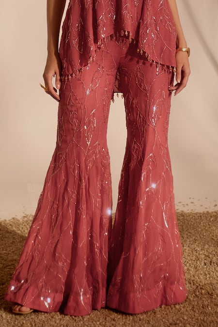 Buy_Silky Bindra_Pink Organza Sequins Halter Neck Dusty Peplum Kurta And Sharara Set _Online_at_Aza_Fashions
