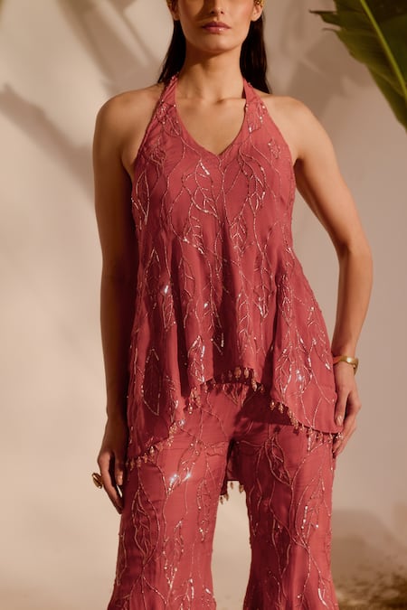 Shop_Silky Bindra_Pink Organza Sequins Halter Neck Dusty Peplum Kurta And Sharara Set _Online_at_Aza_Fashions