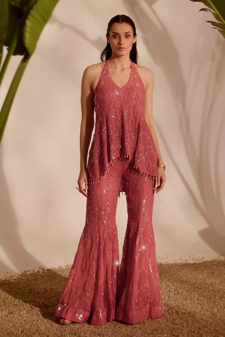 Silky Bindra_Pink Organza Sequins Halter Neck Dusty Peplum Kurta And Sharara Set _at_Aza_Fashions