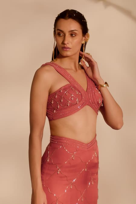 Silky Bindra_Pink Organza Beads, Sequins, Embroidery V-neck Dusty Bustier And Skirt Set _Online_at_Aza_Fashions