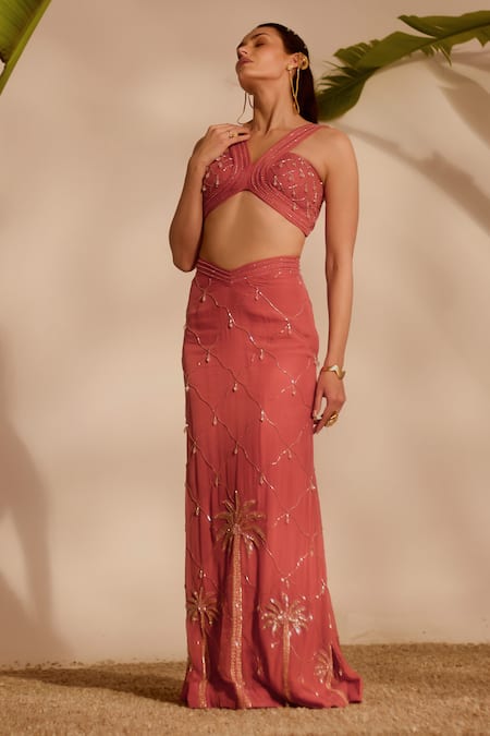 Buy_Silky Bindra_Pink Organza Beads, Sequins, Embroidery V-neck Dusty Bustier And Skirt Set _Online_at_Aza_Fashions