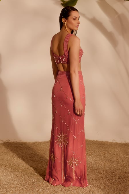 Shop_Silky Bindra_Pink Organza Beads, Sequins, Embroidery V-neck Dusty Bustier And Skirt Set _at_Aza_Fashions