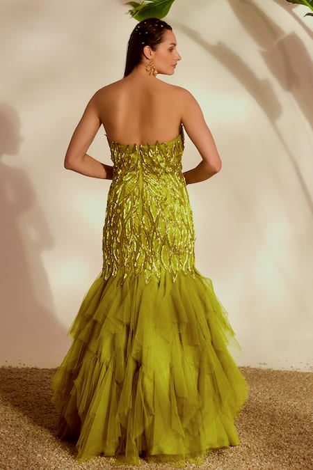 Shop_Silky Bindra_Green Net Sequins Sweetheart Neck Fauna Applique Mermaid Gown _at_Aza_Fashions