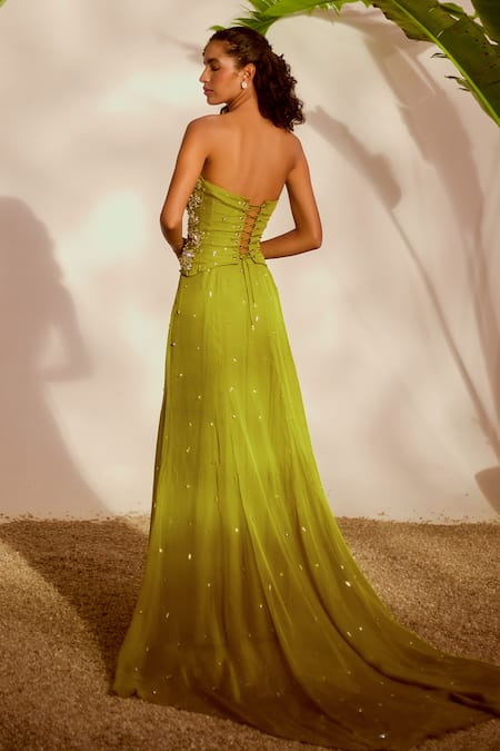 Shop_Silky Bindra_Green Organza Beads, Embroidery, Sequins Moriko Monstera Corset And Skirt Set  _at_Aza_Fashions