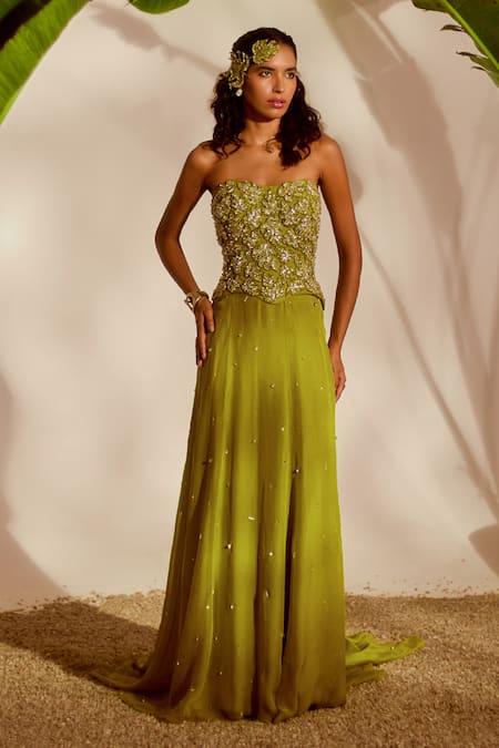 Silky Bindra_Green Organza Beads, Embroidery, Sequins Moriko Monstera Corset And Skirt Set  _Online_at_Aza_Fashions