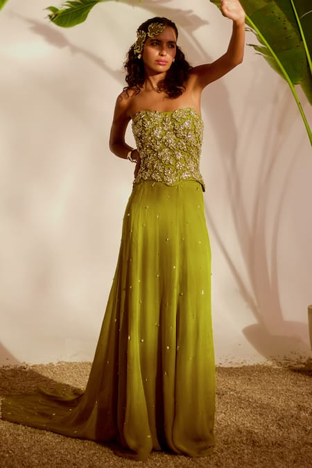 Buy_Silky Bindra_Green Organza Beads, Embroidery, Sequins Moriko Monstera Corset And Skirt Set  _Online_at_Aza_Fashions