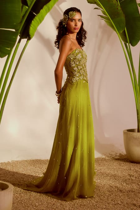 Shop_Silky Bindra_Green Organza Beads, Embroidery, Sequins Moriko Monstera Corset And Skirt Set  _Online_at_Aza_Fashions