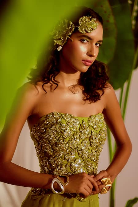 Silky Bindra_Green Organza Beads, Embroidery, Sequins Moriko Monstera Corset And Skirt Set  _at_Aza_Fashions