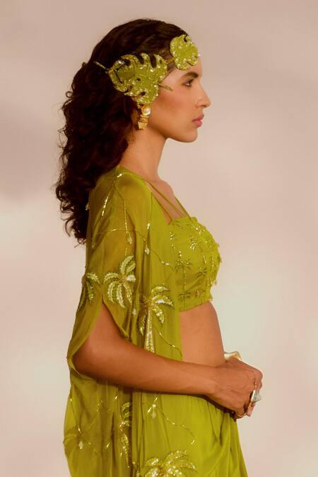 Silky Bindra_Green Organza, Crepe Sequins, Embroidery Plunge Areca Cape And Drape Skirt Set _Online_at_Aza_Fashions