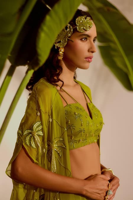 Buy_Silky Bindra_Green Organza, Crepe Sequins, Embroidery Plunge Areca Cape And Drape Skirt Set _Online_at_Aza_Fashions