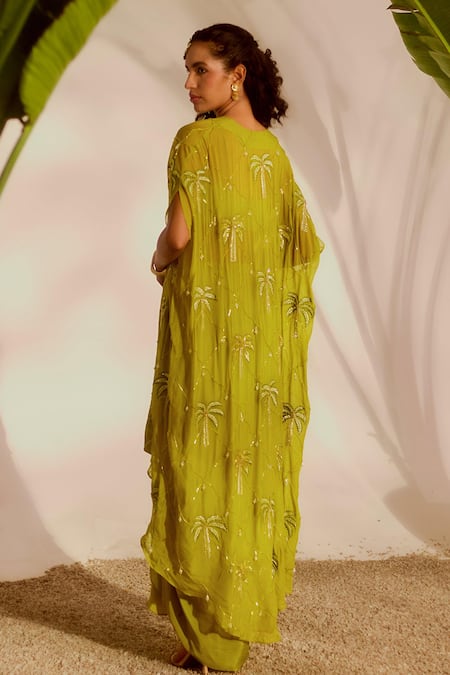Shop_Silky Bindra_Green Organza, Crepe Sequins, Embroidery Plunge Areca Cape And Drape Skirt Set _at_Aza_Fashions