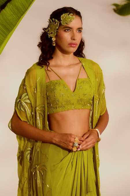 Shop_Silky Bindra_Green Organza, Crepe Sequins, Embroidery Plunge Areca Cape And Drape Skirt Set _Online_at_Aza_Fashions