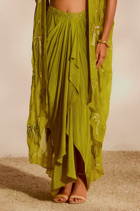 Silky Bindra_Green Organza, Crepe Sequins, Embroidery Plunge Areca Cape And Drape Skirt Set _at_Aza_Fashions