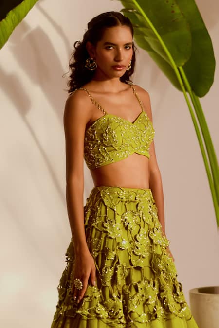 Silky Bindra_Green Organza Sequins, Embroidery, Beads Sweetheart Neck Monstera Lehenga Set _Online_at_Aza_Fashions