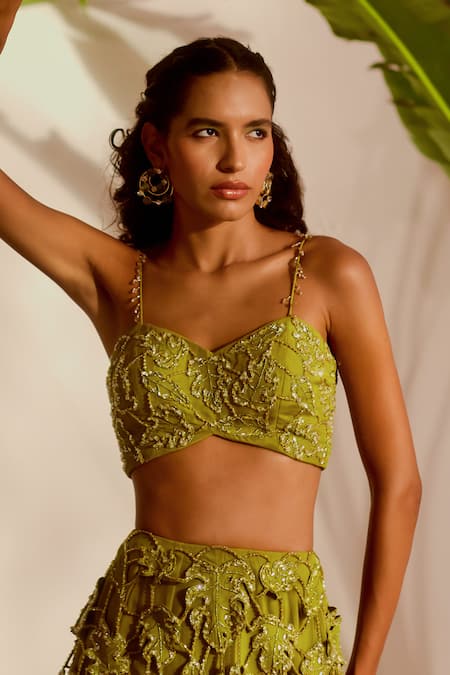 Buy_Silky Bindra_Green Organza Sequins, Embroidery, Beads Sweetheart Neck Monstera Lehenga Set _Online_at_Aza_Fashions